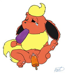 3_toes black_nose blush colored cute_fang eeveelution female female_only flareon food front_view fur furry_ears furry_tail holding insertion nude orange_fur paws pointy_ears pokémon_(species) pokemon popsicle popsicle_in_mouth popsicle_in_pussy popsicle_insertion psyredtails pussy raised_leg solo sucking tail tears vaginal_insertion vulva white_background yellow_fur