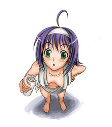 barefoot blue_hair feet fire_emblem fire_emblem:_path_of_radiance fire_emblem:_radiant_dawn from_above green_eyes hairband hand_on_hip headband hips looking_down looking_up mia_(fire_emblem) milk nipple_slip nipples nude o.o o_o purple_hair shunzou towel towel_around_waist