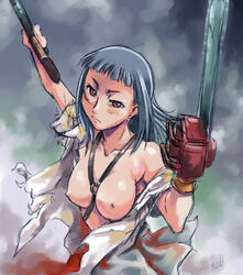 1girls ash_williams ash_williams_(cosplay) beige_skin belt_between_breasts blue_hair breasts brown_eyes bruce_campbell chainsaw chainsaw_hand clothing color cosplay evil_dead female female_only front_view gun hair human long_blue_hair long_hair looking_at_viewer mai-hime maruto miyu_greer my-hime nipples shotgun small_breasts solo torn_shirt uncensored weapon