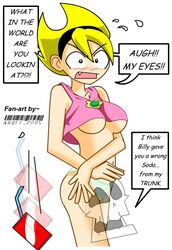 blonde_hair blush bottomless breasts cartoon_network d:< dialogue embarrassed enf english_text female grim_(billy_and_mandy) human large_breasts light-skinned_female mandy_(billy_and_mandy) neoslashott no_nipples no_nose panties simple_background solo_focus standing straight_hair tagme text the_grim_adventures_of_billy_and_mandy underboob white_background