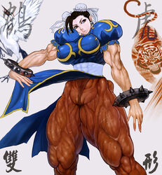 bad_hands brown_hair china_dress chinese_clothes chun-li double_bun error extreme_muscles female human muscle muscular_female pantyhose sainticon straight_hair street_fighter thighs veins