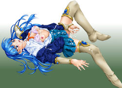 1990s 1998 1girls 20th_century blue_hair bra bra_lift breasts censored clothing covered_in_cum cum curvaceous female human large_breasts long_hair magic_knight_rayearth minagi_tomo nipples pale-skinned_female pale_skin pubic_hair school_uniform skirt solo thighhighs umi_ryuuzaki