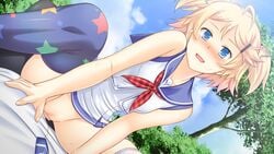 blonde_hair blue_eyes blush breasts censored clouds club_d cowgirl_position female game_cg highres honda_naoki legs looking_at_viewer lying no_panties school_uniform sex shimoda_hibari short_hair sitting sitting_on_person sky small_breasts smile thighs tied_hair trees twintails vaginal_penetration