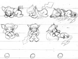 drawn female female_only female_pikachu furry monochrome multiple_females nintendo pichu pikachu pokémon_(species) pokemon pokemon_(species) raichu sketch sketch_page