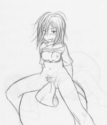 blush bottomless breasts clothes cunnilingus electrode_(pokemon) female greyscale hair human interspecies monochrome nipples nude open_eyes open_mouth oral pokémon_(species) pokemon pokephilia pubic_hair saliva sexless side_view sitting sketch