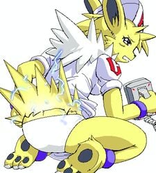 anthro barefoot claws clothes colored cosplay defibrillator electricity female female_only fur furry furry_ears furry_only g-sun holding jolteon kneeling nurse nurse_joy_(cosplay) nurse_uniform open_eyes paw_pads pokémon_(species) pokemon solo uniform white_background yellow_fur