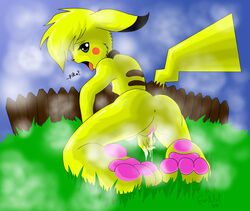 00s 2004 all_fours anthro anus ass back_view barefoot black_nose breasts colored day feet female female_only female_pikachu fence fur furry furry_ass furry_ears furry_only furry_tail grass grey_eyes hair nintendo nipples nude open_eyes open_mouth outdoors pikachu pointy_ears pokémon_(species) pokemon pussy pussy_juice sky solo tail tongue vulva yellow_fur yellow_hair