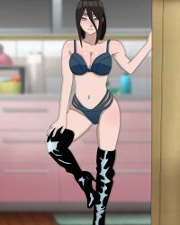 1girls agung911 arm_support boots boruto:_naruto_next_generations breasts brown_hair cleavage female female_only hair_between_eyes heel_boots high_heel_boots high_heels hyuuga_hanabi indoors kitchen long_boots long_hair low-tied_long_hair midriff naruto naruto_(series) ponytail raised_leg solo solo_focus thigh_boots wall