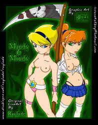 1boy 2girls aged_up blonde_hair blue_eyes blue_skirt breasts cartoon_network flower freckles green_eyes grim_(billy_and_mandy) looking_at_viewer mandy_(billy_and_mandy) mindy_(tgaobam) orange_hair pink_choker pink_lipstick raylude red_lipstick scythe skeleton straight_hair the_grim_adventures_of_billy_and_mandy topless whale_tail white_belt yellow_hair