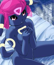 anthro bed black_nose breasts colored eeveelution female female_only fur furry furry_breasts furry_ears furry_only furry_tail g-sun hair indoors nintendo nude open_eyes pink_hair pointy_ears pokémon_(species) pokemon pokemon_(species) red_eyes short_hair sitting solo tagme tail umbreon