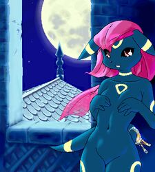 anthro colored eeveelution female female_only front_view fur furry furry_ears furry_only furry_tail g-sun hair indoors moon navel night nintendo nude open_eyes pink_hair pointy_ears pokémon_(species) pokemon pokemon_(species) pokemorph red_eyes sky solo standing tagme tail umbreon window