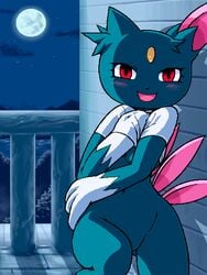 anthro bindi blush bottomless breasts clothes colored female female_only front_view fur furry g-sun hand_in_shirt looking_at_viewer moon navel night open_eyes open_mouth outdoors pokemon pokemon_(species) red_eyes shirt shirt_lift sky smile sneasel solo tagme