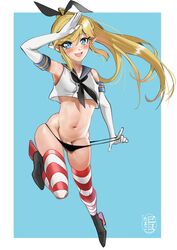 1boy androgynous armpits big_ass blonde_hair blue_eyes cosplay crossdressing femboy girly greeting kantai_collection link long_hair male male_only penis penis_on_pants shimakaze_(kantai_collection)_(cosplay) solo tamatamako the_legend_of_zelda thighhighs trap