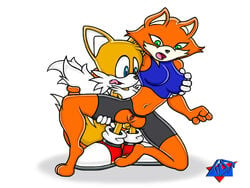 1boy 1girls anal anal_penetration anal_sex anthro blue_eyes breast_grab breasts brutal_paws_of_fury canine clothing crossover defeated digital_media_(artwork) exposed_torso female first_porn_of_franchise footwear fox foxy_roxy fur furry_tail green_eyes handwear male mammal miles_tails_prower mouth_open multi_tail orange_fur orphan sega shoes small_penis sonic_(series) straight straight_hair tail tank_top vagina wdj white_background