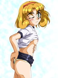 1girls artist_request ass blonde_hair blush breasts buruma clothing cowboy_shot curvaceous female fuu_hououji glasses green_eyes gym_uniform human light-skinned_female light_skin looking_at_viewer magic_knight_rayearth nipples panties shirt short_hair solo tagme