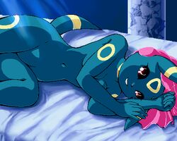 anthro breasts colored eeveelution female female_only fur furry furry_breasts furry_ears furry_only furry_tail g-sun hair indoors lying navel nintendo nude on_side open_eyes pink_hair pokémon_(species) pokemon pokemon_(species) pokemorph smile solo tagme tail umbreon