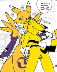 3_fingers anthro anus ass breasts claws closed_eyes colored crossover dialog digimon english_text female female_only female_pikachu fingering fur furball furry furry_ass furry_breasts furry_ears furry_only furry_tail interspecies multiple_females nintendo open_mouth pikachu pointy_ears pokémon_(species) pokemon pokemon_rgby pussy raised_tail renamon speech_bubble standing tail tears text vulva white_fur yellow_fur yuri