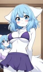 ai ai-created ai_art ai_generated anthro bedroom blue_eyes blue_hair breasts duplicated_character living_room looking_at_viewer pixai purple_bikini purple_bikini_top purple_skirt smiling_at_viewer tagme vtuber vtuberfanart white_body white_fur wolf wolf_girl wolfychu youtube youtuber_girl youtubers