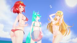 3d 3girls ass azmo beach_ball bikini blonde_hair breasts earrings green_bikini green_eyes green_hair green_swimsuit holding_beachball koikatsu large_breasts long_hair looking_at_viewer midriff mythra navel nintendo outside pneuma_(xenoblade) ponytail pyra red_bikini red_eyes red_hair red_swimsuit short_hair side-tie_bikini side-tie_swimsuit swimsuit tiara xenoblade_(series) xenoblade_chronicles_2 yellow_bikini yellow_eyes yellow_swimsuit