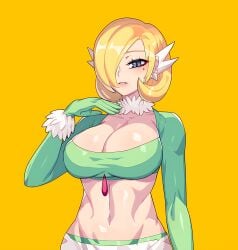 1girls 2022 2022s alternate_breast_size belly belly_button big_breasts blonde_hair breasts clothed clothes clothing cosplay cynthia_(pokemon) drunkoak female female_focus female_only fur_choker fur_collar game_freak gardevoir_(cosplay) gen_4_pokemon generation_4_pokemon grey_eyes hair hair_over_one_eye human human_only humanoid large_breasts looking_at_viewer midriff mole mole_under_eye navel nintendo pokemon pokemon_(cosplay) pokemon_dppt pokemon_trainer seductive seductive_eyes seductive_look short_hair simple_background solo solo_female voluptuous yellow_background