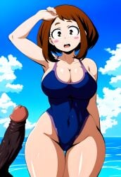 1boy 1girls ai_generated arm_up blue_one-piece_swimsuit blue_sky blush boku_no_hero_academia breasts brown_eyes brown_hair clouds covered_navel dark-skinned_male duderu hand_up highleg interracial large_breasts my_hero_academia ochako_uraraka one-piece_swimsuit open_mouth sky standing teeth thick_thighs thigh_gap thighs upper_teeth uraraka_ochako water