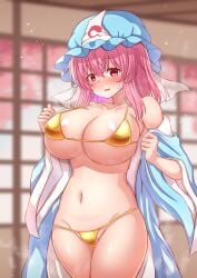 bikini blue_hat blurry blurry_background breasts commentary_request female gold_bikini hat highres indoors large_breasts looking_at_viewer mature_female medium_hair milf navel open_clothes pink_eyes pink_hair saigyouji_yuyuko solo swimsuit tksand touhou triangular_headpiece yuyuko_saigyouji