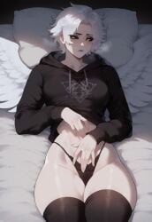 ai_generated bed bedroom black_panties black_sclera civitai colored_sclera feathered_wings female female_focus female_only front_view high-angle_view hoodie hourglass_figure ihatethemic in_bed lying lying_down lying_on_back lying_on_bed medium_breasts no_pants original_character pantless short_hair solo solo_female tagme thick_ass thick_thighs thighhighs tomboy touching_pussy visible_breath white_hair white_wings wide_hips wings