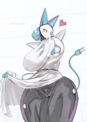 absurd_res anthro big_breasts black_body blue_hair breasts clothing darkner deltarune felid feline female floating_hands fur genitals hair hi_res huge_breasts lemonbizate_(artist) machine mammal pussy robot simple_background solo tail tasque_manager_(deltarune) thick_thighs undertale_(series) white_body yellow_eyes