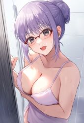 ai_generated arm_under_breasts blush cleavage female female_only gintama glasses grey_eyes hair_bun lavender_hair light_purple_hair medium_breasts mole_under_eye negligee nightgown purple_hair red-framed_eyewear sarutobi_ayame shower smile solo wet_body wet_skin