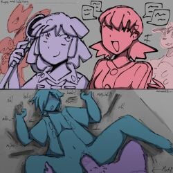 1cuntboy 1girls 2koma 3boys ambiguous_gender anthro bed blush bodily_fluids bugsy_(pokemon) clitoris cuntboy cuntboy/male cuntboy_focus cuntboy_penetrated dialogue digital_art digital_media_(artwork) erect_clitoris falkner female gay gay_sex generation_2_pokemon gym_leader happy human intersex looking_pleasured male male_focus male_penetrating mastectomy_scar miltank missionary_position moan moaning morty_(pokemon) naked naked_male nymphiaheart offscreen_character open_mouth penis pleasure_face pokemon pokemon_(species) pokemon_hgss pov pubic_hair pussy pussy_juice saliva saliva_drip scizor sex solid_color_background talking urethra vaginal_penetration wet wet_pussy whitney_(pokemon) yaoi