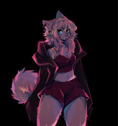 anakoluth anthro belly belly_button big_breasts big_thighs blonde_female blonde_hair blonde_hair blue_eyes choker cleavage collar crop_top curly_tail dog_girl fluffy_ears fluffy_tail furry furry_female glasses hoodie piercing round_glasses shorts thighs