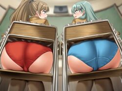 2girls absurdres ass blue_panties brown_hair brown_skirt brown_thighhighs chair classroom frilled_skirt frills from_behind green_eyes green_hair hair_ornament hairclip highres indoors kantai_collection kumano_(kantai_collection) kumano_kai_ni_(kantai_collection) long_hair miniskirt multiple_girls panties ponytail red_panties school_chair school_uniform sitting skirt suzuya_(kantai_collection) suzuya_kai_ni_(kantai_collection) thighhighs underwear variant_set zanntetu