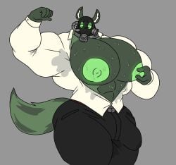 anthro big_bulge big_muscles bodily_fluids bulge clothed clothing detailed_bulge genital_outline green_body hi_res male mask muscular nipple_fetish nipple_play nipple_pull partially_clothed parttimeyeen_(artist) penis_outline solo sweat sweatdrop sweaty_armpit tox_(parttimeyeen)