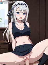 1boy 1girls ai_generated anime blue_eyes bondage cheerleader cheerleader_outfit cowgirl_position female grey_hair human kaguya-sama_wa_kokurasetai_~tensai-tachi_no_renai_zunousen~ male penis ranwai sex shirogane_kei stable_diffusion vaginal_penetration vaginal_sex