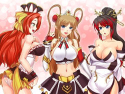 3girls ass banpresto bare_shoulders black_hair blue_eyes blush breasts brown_hair cleavage crossover darkmaya detached_sleeves dress female green_eyes high_ponytail large_breasts long_hair midriff mii_kouryuuji multicolored_hair multiple_girls nanbu_kaguya navel neige_hausen open_mouth panties pink_background pointy_ears ponytail project_x_zone red_hair skirt source_request strapless strapless_dress super_robot_wars super_robot_wars_og_saga_mugen_no_frontier super_robot_wars_og_saga_mugen_no_frontier_exceed tied_hair underwear white_panties