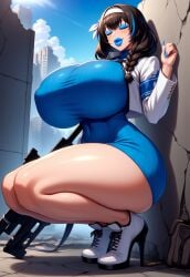 1girls adapted_costume against_wall ai_generated arm_band bare_legs battle_bimbo bimbo bimbo_body bimbo_lips bimbofication bimbofied bottomless braid braided_hair breasts breasts_bigger_than_head city city_background cityscape closed_eyes colored_nails covered_navel cracked_wall eyeshadow female full_body gigantic_breasts goddess_of_victory:_nikke gun hair_ribbon hairband hand_up high_heel_sneakers high_heels huge_ass huge_breasts jacket lipstick long_hair long_nails long_sleeves makeup mary_(nikke) massive_ass massive_breasts microdress nipple_bulge no_underwear novelai ribbed_sweater rifle ruins seductive seductive_smile short_dress skindentation smile smirk sneakers solo solo_female squatting stiletto_heels sweater_dress tgm101_(artist) thick_lips thick_thighs thin_waist three-quarter_portrait tight_clothing weapon wide_hips