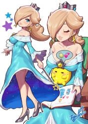 1girls artist_signature bare_shoulders big_breasts blonde_hair blue_eyes book breasts_on_head busty cleavage crown dress earrings hair_over_one_eye high_heels legs light-skinned_female light_skin luma mario_(series) nintendo princess_rosalina reading speech_bubble stars super_mario_galaxy yamino_ekakinin