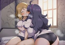 ai_generated big_breasts big_butt blonde_hair blush closed_eyes fat_ass gym_uniform hex_maniac huge_breasts in_search_of_holy_water kissing large_breasts lesbian_kiss light-skinned_female light_skin long_hair nintendo pokemon pokemon_xy purple_hair serena_(pokemon) short_hair thick_thighs thighs yuri