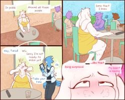 anthro berdly blush breasts clothed clothing deltarune dialogue english_text female group kaboozey male masturbation public text toriel undertale_(series)