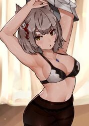 armpits arms_above_head arms_up black_leggings blush bra cat_ears catgirl core_crystal grey_hair looking_at_viewer medium_breasts mio_(xenoblade) oniisan02b panties_visible_through_clothing removing_clothing removing_shirt white_bra xenoblade_(series) xenoblade_chronicles_3 yellow_eyes yotsuhauni