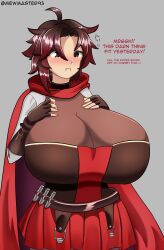 1girls alternate_breast_size big_breasts braid breast_expansion cleavage english_text female female_only gigantic_breasts huge_breasts human hyper_breasts mewmaster93 pout ruby_rose rwby solo