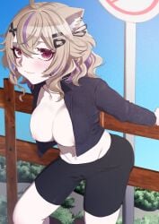ahoge animal_ears bangs bike_shorts black_shorts blush breasts cat_ears closed_mouth eyebrows_visible_through_hair female hair_ornament hairclip jacket looking_at_viewer navel nipples no_bra open_clothes outdoors railing solo squchan_(vtuber) vyugen x_hair_ornament