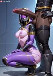 ai ai_generated ass balls balls_on_shoulder balls_rest big_penis bodysuit breasts bubble_butt dark-skinned_male dark_skin dark_skinned_male dominant_human dominant_male human mass_effect nipples penis penis_by_face penis_covering_eyes penis_on_face penis_on_head presenting_penis purple_skin quarian squatting squatting_pose submissive_alien submissive_female tali'zorah_nar_rayya video_games visor
