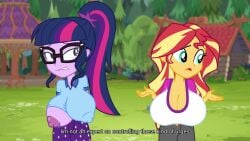 2girls alternate_version_available areolae big_breasts biting_lip breasts female female_only huge_breasts legend_of_everfree mlp my_little_pony my_little_pony_equestria_girls nipple_bulge nipple_slip nipples nipples_visible_through_clothing no_bra sci-twi screencap screenshot_edit sunset_shimmer tagme text the_phantom_editor_(artist)