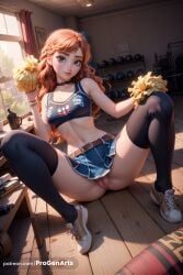 ai_generated anna_(frozen) bed blue_eyes breasts cheerleader disney earrings female frozen_(film) looking_at_viewer navel nipples orange_hair panties progenarts solo sportswear stockings topless twin_braids web_address