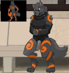 anthro canid canine canis lunarez male male/male mammal muzzle_(object) muzzled restraints solo solo_focus straitjacket wolf