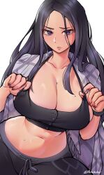 1girls big_breasts black_hair breasts charlotte_(dracksart) clothed clothing dracksart female female_focus female_only hi_res high_resolution large_breasts light-skinned_female light_skin long_hair looking_at_viewer midriff mole mole_on_breast original purple_eyes solo solo_female very_high_resolution white_background