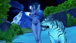 1animal 1girls 3d bikini blizzard_entertainment green_hair huge_breasts imminent_sex koikatsu night_elf pinup purple_skin thick_thighs tiger tyrande_whisperwind voluptuous voluptuous_female warcraft wide_hips world_of_warcraft zassier zoophilia