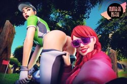 2girls black_hair clothing epic_games fortnite fortnite:_battle_royale fully_clothed golf_club multiple_girls numbasnsfw pants_down par_patroller_(fortnite) pink_hair purple-tinted_eyewear summer_fable sunglasses thenumbersdon'tlie tinted_eyewear