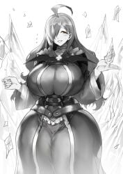 1girls absurd_res ahoge amber_eyes big_breasts female female_only greyscale hair_over_one_eye kono_subarashii_sekai_ni_shukufuku_wo! light_blush long_hair looking_at_viewer massive_breasts massive_thighs monochrome smiling smiling_at_viewer solo thegoldensmurf thick_thighs white_background wide_hips wiz_(konosuba)